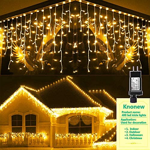 KNONEW LED Icicle Lights, 400 LEDs, 32ft, 8 Modes, Curtain Fairy Light with 75 Drops, Clear Wire LED String Decor for Christmas/Thanksgiving/Easter/Halloween/Party Backdrops Decorations (Warm White)