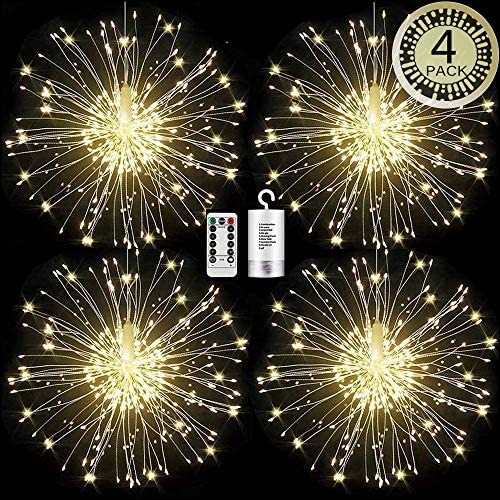 WGCC 4 Pack Firework Hanging Lights 120 LEDs 8 Modes Copper Wires Hanging Battery Operated Decorative Lights with Remote, Waterproof Starburst String Lights, Fairy Lights for Home, Indoor & Outdoor