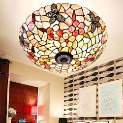 Vintage Flush Mount Ceiling Lamp 16 Inch Tiffany Style Shell Butterfly Peony Flower Shade Ceiling Light Fixture for Living Room Bedroom Dining Room Hallway