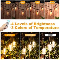 3-Color in 1 Dimmable Solar String Lights Outdoor,48ft LED Patio String Lights with Remotes,15 Hanging Sockets,Waterproof Shatterproof,Warm White Daylight White Lights for Backyard,Garden