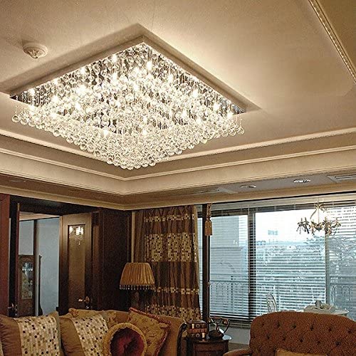 7PM Modern Square K9 Crystal Chandelier Contemporary Elegant Ceiling Light Fixture Flush Mount for Living Room Bedroom Dining Room Kitchen Island W24'' x H13 16 Lights