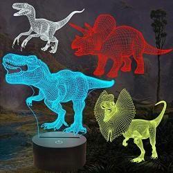 FULLOSUN Dinosaur Gifts, T-rex Dinosaur 3D Night Light for Kids (4 Patterns) with Remote Control & 16 Colors Changing & Dimmable Function & Gift Wrap, Xmas Birthday Gifts for Boy Girl