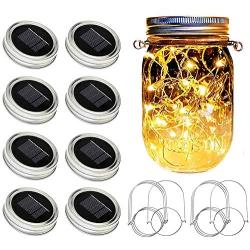 SunKite Solar Mason Jar Lights [Updated], 8 Pack 20 LED Waterproof Fairy Firefly Jar Lids String Lights with Hangers(NO Jars), Patio Yard Garden Wedding Decoration - Warm White