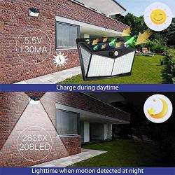 Solar Lights Outdoor 208 LED ，Solar Motion Lights Outdoor，3 Optional Modes Wireless Motion Sensor Light with 270°Wide Angle, IP65 Waterproof, Easy-to-Install Garden, Front Door, Yard, Garage-2Pack