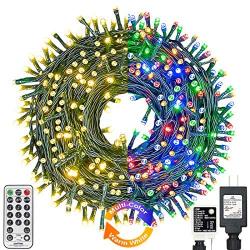 Haynery Color Changing Christmas String Lights Outdoor Indoor 11 Modes Timer Remote, 99ft 300LED Extendable Green Wire Fairy Light for Christmas Party Tree Wedding Holiday Decor Warm White Multicolor