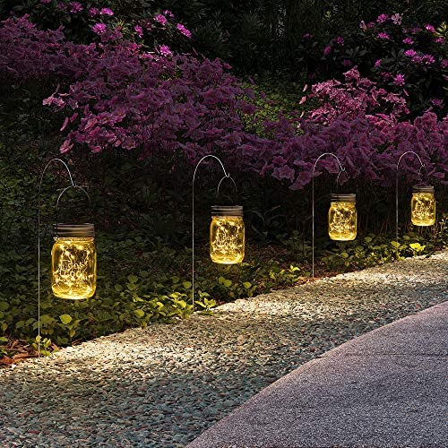 GIGALUMI Hanging Solar Mason Jar Lights, 6 Pack 30 Led String Fairy lights Solar Lanterns Table Lights, 6 Hangers and Jars included. Great Outdoor Lawn Decor for Patio Garden, Yard and Christmas Décor