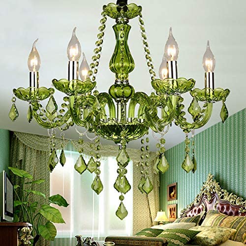 LAKIQ Green Crystal Chandelier Light Fixture Candle Shape Modern Living Room Hanging Pendant Chandelier Lighting for Dining Room Bedroom Kitchen Restaurant (6 Lights)