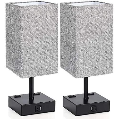 Touch Control Table Lamp, 3 Way Dimmable Bedside Desk Lamps with 2 USB Charging Ports 2 AC Outlets, Grey Fabric Shade Modern Nightlight for Bedroom Living Room, ST64 E26 LED Bulbs Included, Set of 2
