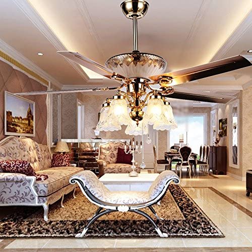 RainierLight Modern Gold Ceiling Fan Remote Control 5 Reversible Metal Blades 5 Frosted Glass Cover for Indoor/Bedroom/Living Room LED Fan Chandelier Mute Fan 52 Inch/Quiet