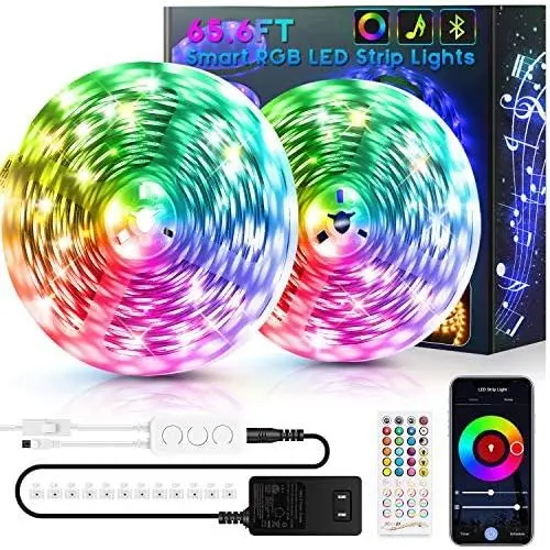 65.6ft LED Strip Lights Bluetooth, Ultra-Long Smart RGB LED Light Strip Music Sync 600 LEDs 5050 SMD Color Changing LED Strip Lights with 40 Keys IR Remote for Bedroom Kitchen Under Cabinet(2x32.8FT)