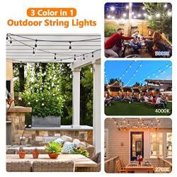 2-Pack 3 Color Dimmable LED Outdoor String Lights for Patio with Remotes, 48FT Waterproof Hanging Lights String with Shatterproof Edison Bulb for Bistro Backyard-Warm White/Nature White/Daylight White