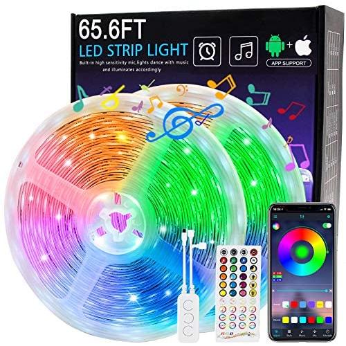 65.6ft LED Light Strips,20m RGB Flexible Music Sync Color Changing APP Control Bright 5050 LEDs Tape Lights with Remote for Home Lighting, Kitchen,Bedroom, TV, Ceiling, Cupboard,Bar Decoration