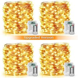 Upgraded 33 Feet 100 Led Fairy Lights Battery Operated with Remote Control Timer, Waterproof 8 Modes Christmas Twinkle String Lights for Bedroom Wedding Party Decor Warm White-4 Pack