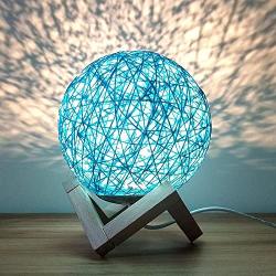 Romantic Night Light Creative INS Wind Starry Table lamp Bedroom Bedside lamp Fantasy Rattan Ball Moon Light (Blue, Button Switch)