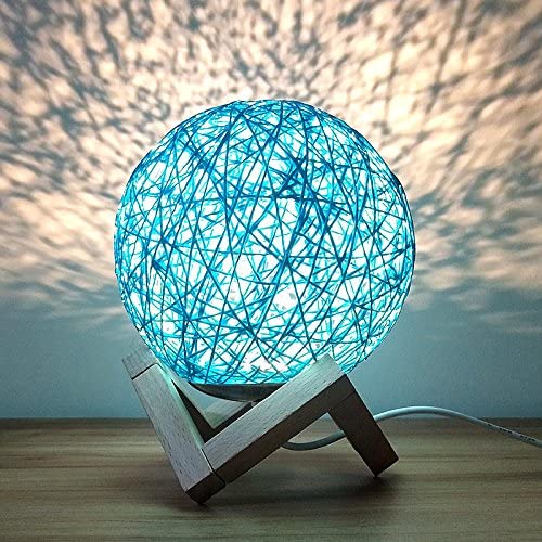 Romantic Night Light Creative INS Wind Starry Table lamp Bedroom Bedside lamp Fantasy Rattan Ball Moon Light (Blue, Button Switch)