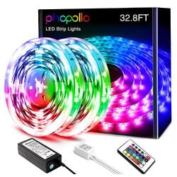 Phopollo LED Strip Lights 32.8ft Color Changing 3528 600Leds Non Waterproof Flexible Led Tape Light Kit with 24 Key IR Remote Controller and 12V Power Supply for Room, Bedroom