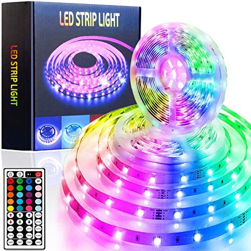 LED Strip Light 16.4ft/5m RGB Waterproof 5050 LED Striplight Rope Lighting Color Changing with 44-Keys IR Remote Controller Power Supply Led Lights for Bedroom Home Kitchen Decoration