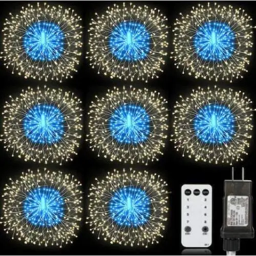 Homesprit Firework Lights 8 Pack 180 Led Copper Wire Starburst Lights with 8 Models, Power Supply Fairy Lights with Remote Control, Waterproof Outdoor Hanging Lights for Decor Garden Party Christmas