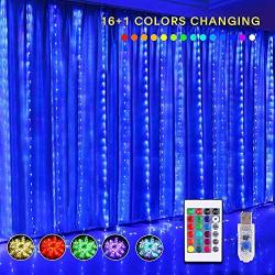 KJOY 16 Color Changing Rainbow Curtain Lights Backdrop Window String Lights, 310LED USB Remote Control Fairy Icicle Lights for Valentines Day, Bedroom, Weddings, Party, Christmas Decor, Birthday