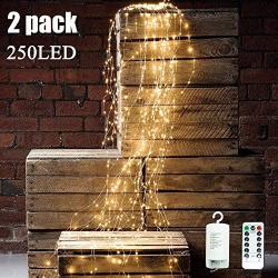 WSgift 2 Pack 250 LEDs Waterfall Shape Twinkle Fairy Lights, 8 Modes 10 Strands Waterproof Battery Operated Silver Copper Wire Warm White Vine String Lights for Outdoor Garden Christmas Decorations