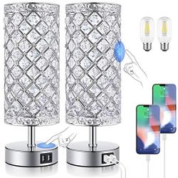 Crystal Table Lamps for bedrooms with Fast Dual USB Ports, 5000K Touch Dimmable Bedside Lamps Set of 2, K9 Crystal Decorative Nightstand Lamps for Girls Guest Room, Living Room, LED Bulbs Included