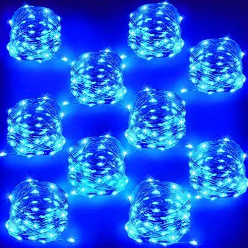 10 PACK Blue LED String Lights, Battery Operated Hanukkah Lights, Flexible Copper Fairy Lights for Bedroom, Christmas Tree, Fireplace, Chanukah decorations, Party, Home Decor (16ft, 50LED,10pcs)