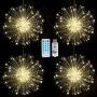 Christmas Tree Decorations Firework Lights, 4 in 1 Starburst String Lights USB Rechargeable Fairy Lights with Remote, 4 Music 8 Lighting Modes Waterproof Decorative Lights for Christmas, Patio, Party