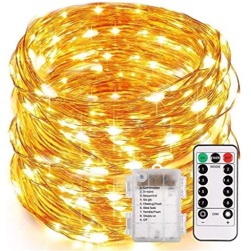 ECOWHO String Lights Starry Fairy Lights Battery Powered 8 Lighting Modes Remote IP65 Waterproof Christmas Lights for Room Party Holiday(Warm White)