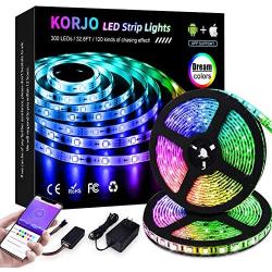 KORJO Dream Color LED Strip Lights, 32.8ft/10M Bluetooth LED Chasing Light with APP, 12V 300 LEDs 5050 RGB Color Changing Rope Light Kit, Flexible Led Strip Lighting for Home Kitchen