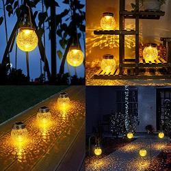 DBF Solar Lights Crackle Glass Ball, Amber Warm LED Hanging Solar Lantern Outdoor Waterproof Solar Patio Lanterns Decorative with 2 Optional Modes Solar Powered Jar Lamp for Garden Deck Yard, 2 Pack