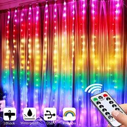 Rainbow Curtain Lights Greenke LED Curtain Lights Waterproof Fairy Lights Remote Timer Icicle Lights 8 Modes Twinkle Lights for Christmas, Party, Wedding, Bedroom Wall Decoration (7-Color)