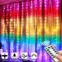 Rainbow Curtain Lights Greenke LED Curtain Lights Waterproof Fairy Lights Remote Timer Icicle Lights 8 Modes Twinkle Lights for Christmas, Party, Wedding, Bedroom Wall Decoration (7-Color)