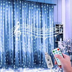 24HOCL Curtain String Lights, 12 Lightning Modes USB Powered Fairy Lights String with Sound Activated & Timer Function for Bedroom Wedding Party Youtuber Backdrop Outdoor Indoor Decor (Cold White)