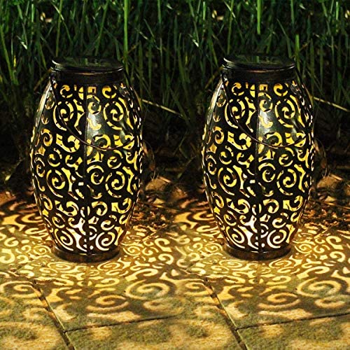 Solar Lanterns Outdoor Hanging,2 Pack Solar Moroccan Lantern Garden Outdoor Solar Lights with Handle Retro Metal Waterproof for Patio,Yard,Pathway Decorations (White-Tree Hollow)