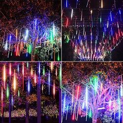 Meteor Shower Christmas Icicle Lights Outdoor,11.8 Inch 10 Tubes 240 Led Snowfall Lights Connectable, Waterproof Hanging Falling Rain Lights for Tree Bushes Holiday Christmas Decorations,Multicolored