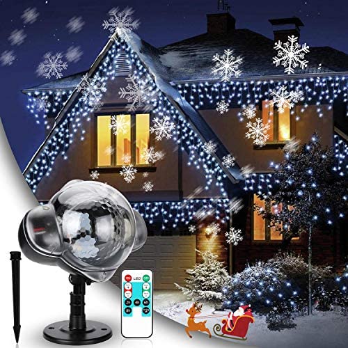 Christmas Snowflake Projector Light Indoor Outdoor Snowflake Rotating Projection Lamp with Remote Control for Xmas Party Holiday and Garden Deco, Cool White 6000K Waterproof