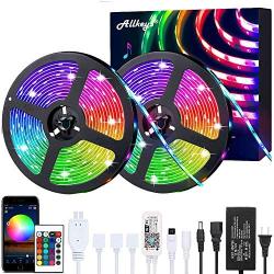 LED Strip Lights 32.8ft, Allkeys Led Lights Strip 5050 RGB 300 LEDs with 24 Keys IR Remote Controllers, LED Lights Color Changing Waterproof Music Sync APP Control for Bedroom Party Home Decoration