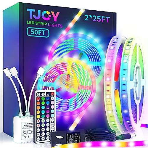 50ft TJOY LED Strip Lights, Superior RGB 5050 LED, Rope Lights Strip with 44 Key IR Remote for Ceiling, Room, TV, Cupboard, Bedroom, DIY Decoration, Party, Festival, Christmas, 2x25ft