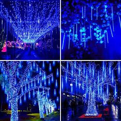 JMEXSUSS Christmas Lights Meteor Shower Rain Lights Solar Powered Meteor Shower Lights 30cm 8 Tube 144 LEDs, Blue Meteor Lights Led Falling Rain Lights for Xmas Tree Weeding Party