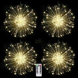 Techip 120LED Fairy Firework String Lights Battery Operated Hanging Copper Starburst Light 8 Modes Dimmable Christmas Decorative Twinkle Fairy Lights for Party Garden Bedroom Pack of 4 Warm White