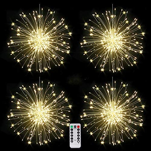 Techip 120LED Fairy Firework String Lights Battery Operated Hanging Copper Starburst Light 8 Modes Dimmable Christmas Decorative Twinkle Fairy Lights for Party Garden Bedroom Pack of 4 Warm White