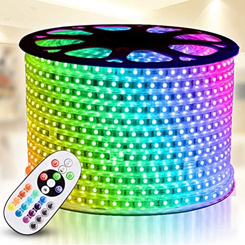 RGB LED Strip Light, IEKOV AC 110-120V Flexible/Waterproof/Multi Colors/Multi-Modes Function/Dimmable SMD5050 LED Rope Light with Remote for Home/Office/Building Decoration (98.4ft/30m)