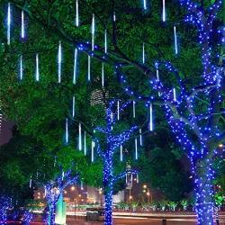 Rain Drop Lights, Aukora LED Meteor Shower Lights 11.8 inch 8 Tubes 144leds, Icicle Snow Falling Lights for Xmas Halloween Party Holiday Garden Tree Christmas Thanksgiving Decoration Outdoor (Blue)