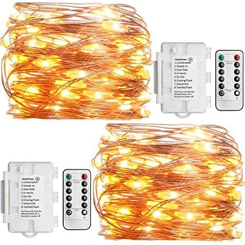 Koopower 2 Pack Outdoor String Lights 16ft 50 LEDs Battery Operated Fairy Lights 8 Mode Waterproof Copper Wire Lights for Bedroom, Garden, Easter, Xmax Decoration Warm White (Remote and Timer)