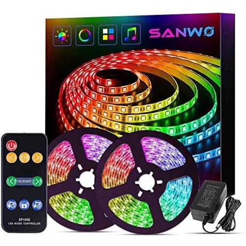 Sanwo Led Strip Lights Music Sync, 32.8 Feet Dream Color LED Light Built-in IC, RGB 300Leds Flexible Strip Lighting with Remote, Color Changing Led Strip Chasing Effect for Home Kitchen