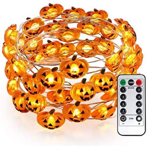 Brizled Pumpkin Halloween String Lights, 40 LED 13.12ft 8 Modes Battery Powered Fairy Lights with Remote & Timer, Flexible Copper Wire Jack-O-Lantern Lights for Halloween Party Decorations, Warm White