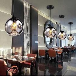 MAMEI Modern Grey Glass Globe Pendant Light Fixture with Crystal Drop D7.8'' for Island and Dinning Room