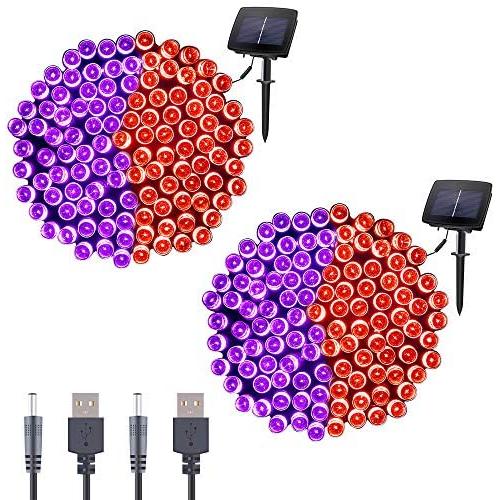 Qunlight Solar String Lights 72ft 200 LED Outdoor Waterproof USB Solar Powered 2 Modes with Timer Function Decorative Lighting for Patio Law Xmas Garden Homes Party Decore(Purple&Red 2pcs)