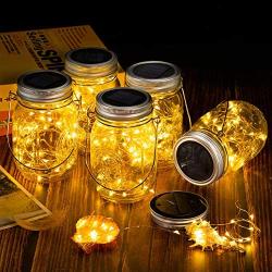 Mason Jar Solar Lights, 6 Pack 30 LEDs Fairy Lights with Jars and Hangers, IPX6 Waterproof Hanging Solar Lights Outdoor, Decorative Solar Lanterns for Garden Fence Patio Wedding