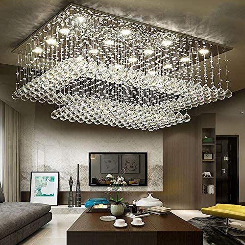 SILJOY Modern Contemporary Crystal Rectangular Chandelier Flush Mount Ceiling Lighting Fixture for Living Room, Height 14''x Length 36''x Width 24''